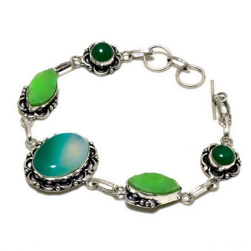 Green Lace Agate Green Onyx Gemstone 925 Silver Plated Bracelet 6-8"