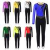 Girls Performance Jumpsuit Color Block Design Mesh Patchwork Long Sleeve Keyhole Back Rhinestone Dance Wear