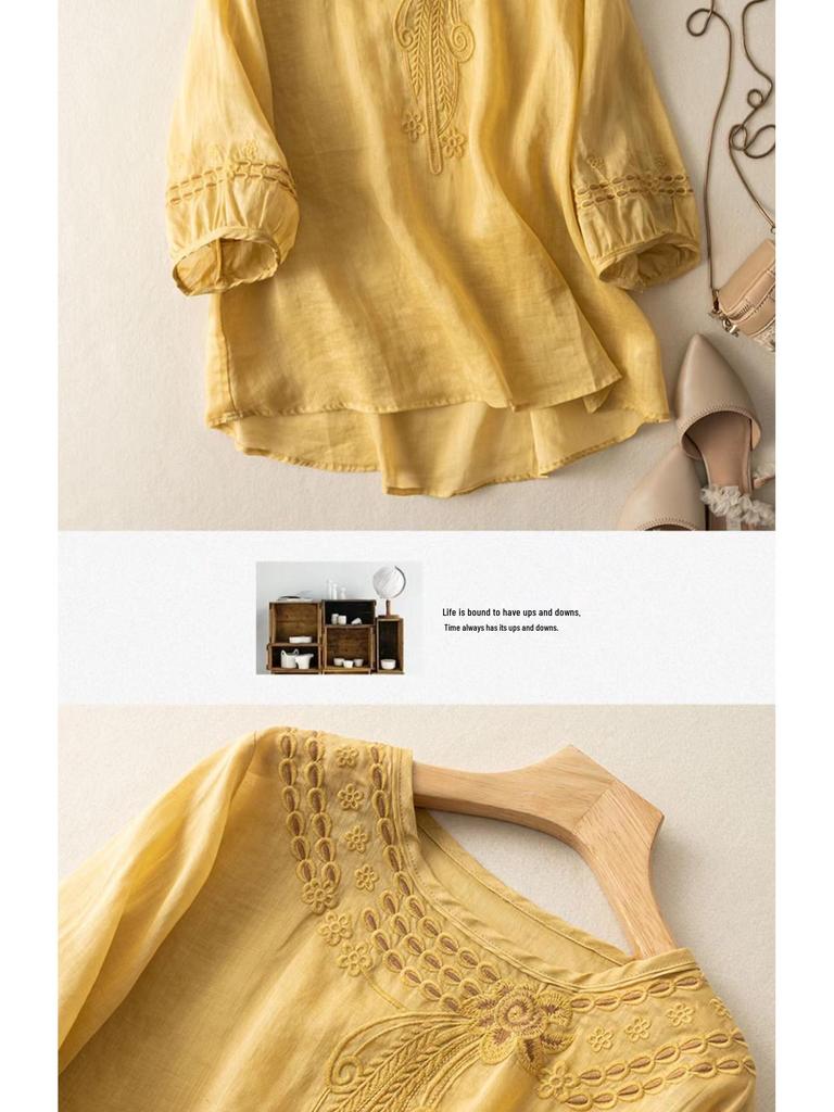 Женская льняно-хлопковая рубашка премиум-класса больших размеров с коротким рукавом - Лето 2025, китайский стиль