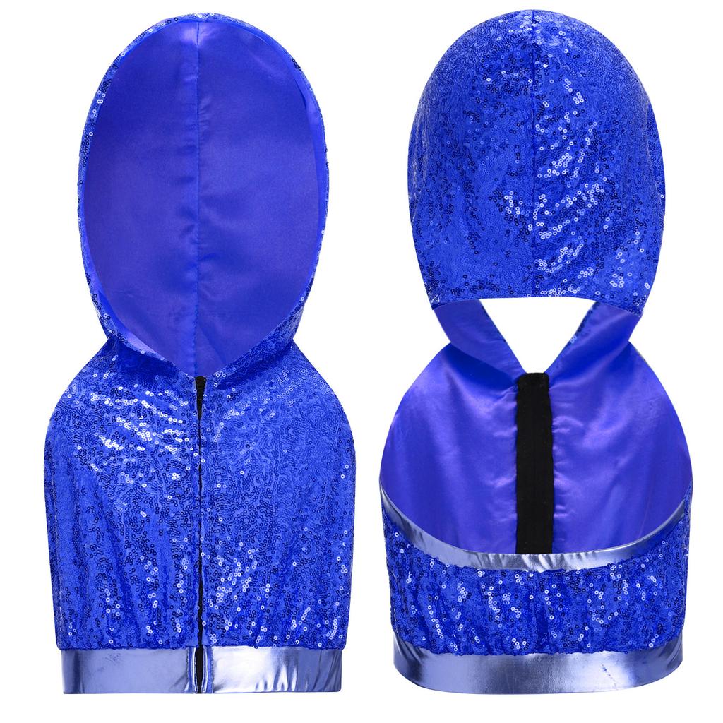 Sleeveless Backless Hooded Crop Top for Girls: Front Zipper Sparkling Sequins Dancewear for Hip-Hop Jazz Performance