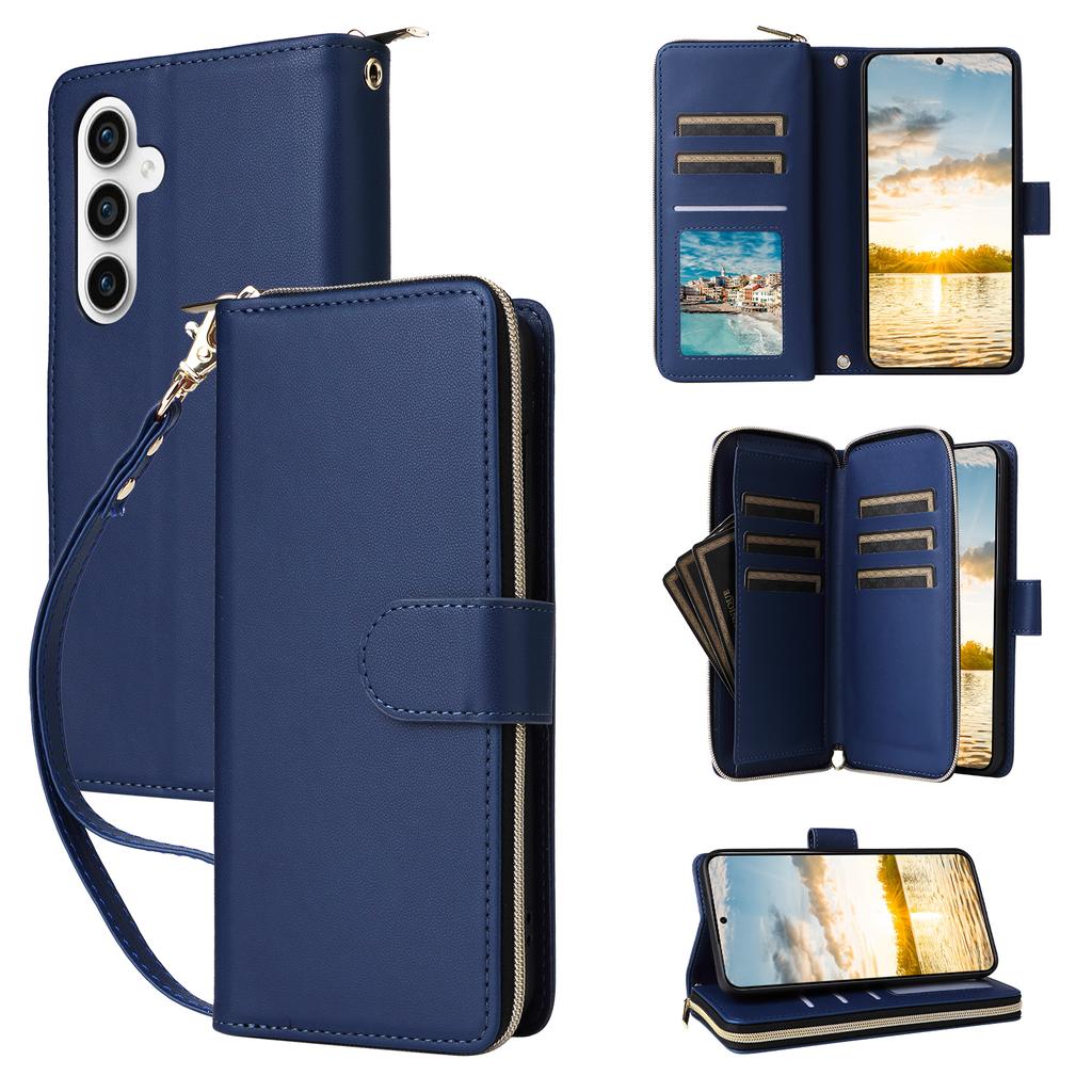 For Samsung Galaxy S25 FE Case 9 Card Slots Zipper Pocket PU Leather Phone Cover with Wrist Strap