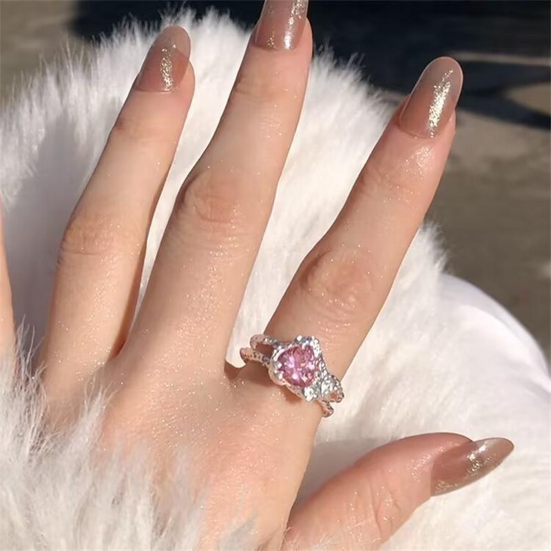 Trend Pink Love Heart Rings for Women Zircon Open Ring Irregular Rings Jewelry