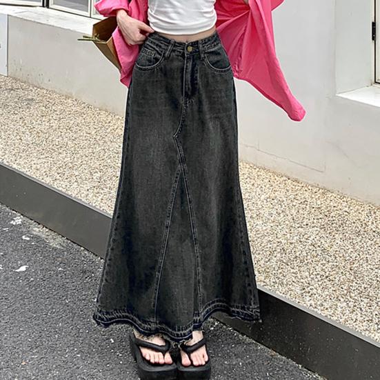 Women Skirt A-line Big Swing Denim Retro Pockets Patchwork Solid Color High Waist Button Zipper Closure Ankle Length Ripped Edge Lady Maxi Skirt