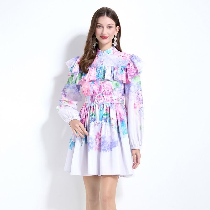 Весна Лето Женщины Фонарики Рукава Оборки Мини Короткие Принцесса Праздничные Пляжные Платья С Поясом