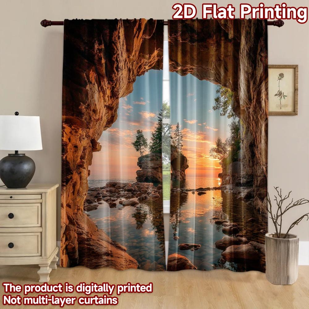 2D flat printing 2pcs Party Curtains Cave Entrance Arch Rock Sunset Digital Printed Polyester Drapes Family Party Decoration Use