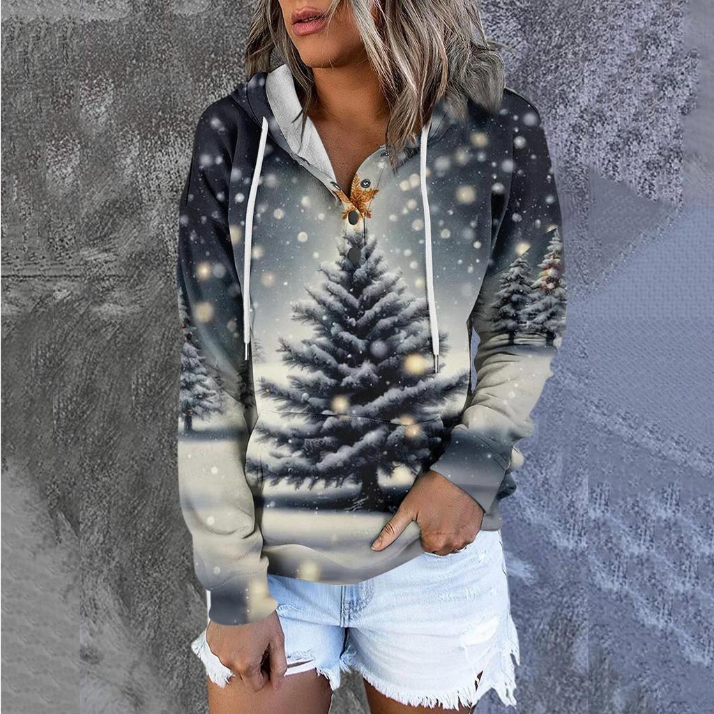 Женская модная толстовка с длинными рукавами и принтом рождественской елки и снежинок