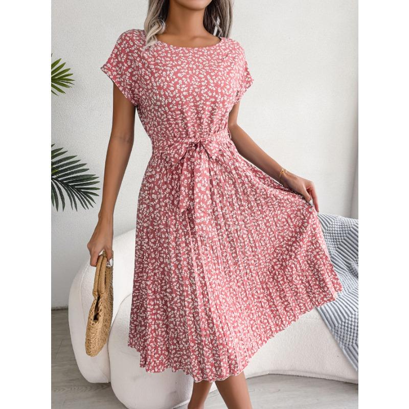 Ins Style Spring and Summer New Casual Short-sleeved Floral Large Swing Pleated Skirt European and American Women's Clothing