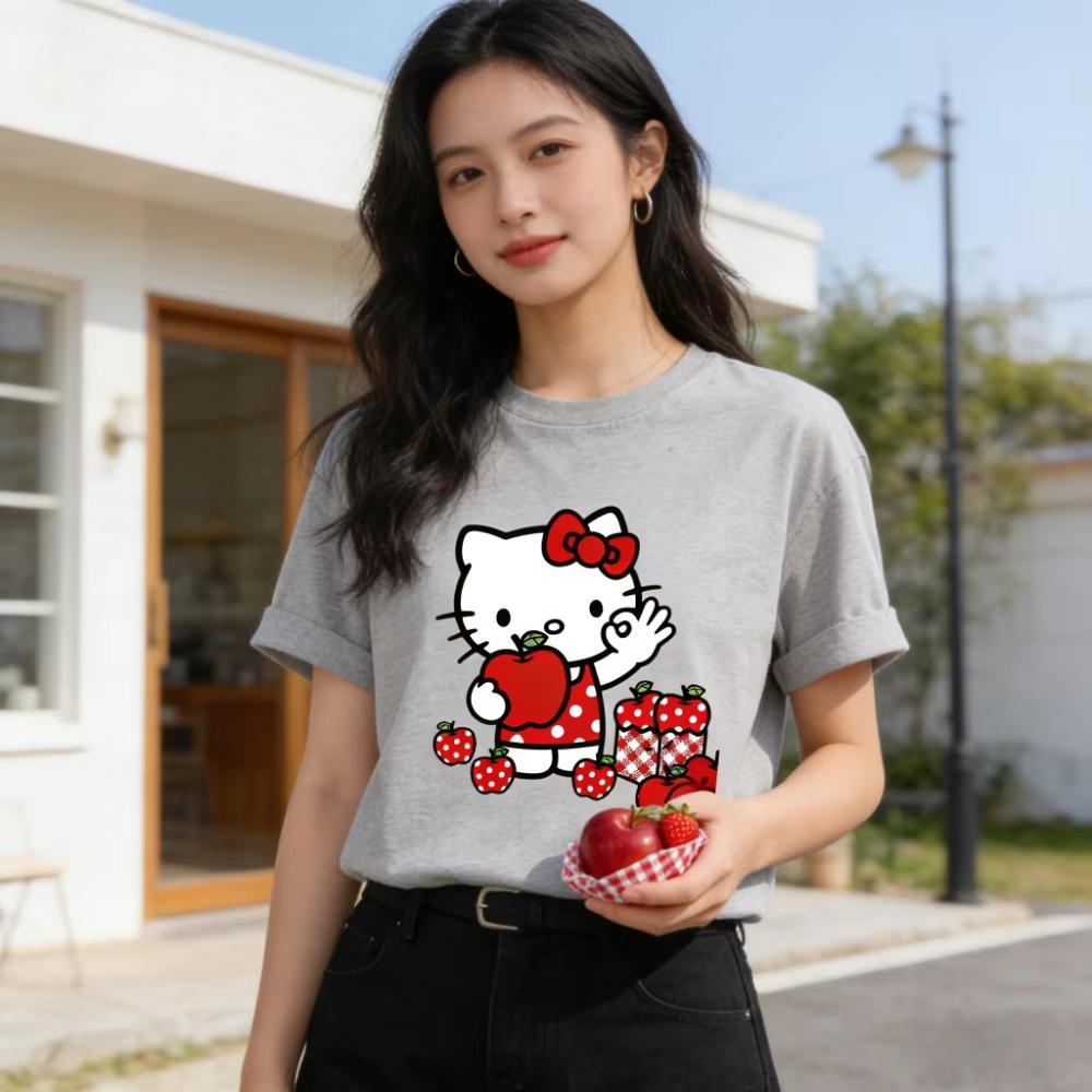 2026 Hello Kitty Cartoon Printed Short Sleeve Summer Pure Comfortable summer Womens Tshirt loose and fashionable