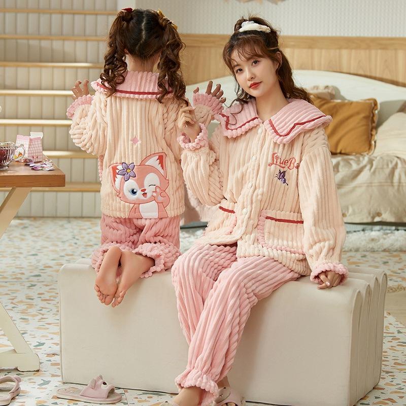 Kids Flannel Pajamas Set Boys Girls Warm Long Sleeve Top And Pants Sleepwear Winter Home Nightwear