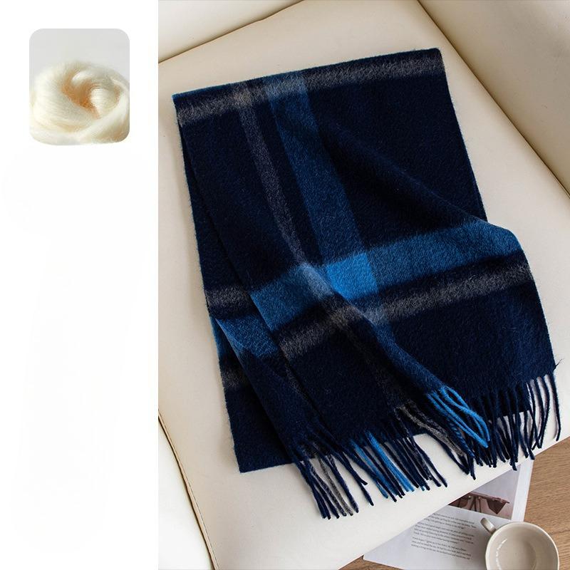 Scarf Women's Autumn and Winter Korean Style Pure Cashmere Scarf Thickened Men's Dark Blue High End Plaid Versatile Couple Scarf
