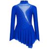 Girls Figure Skating Dress Sheer Mesh Patchwork Glittery Rhinestones Long Sleeve