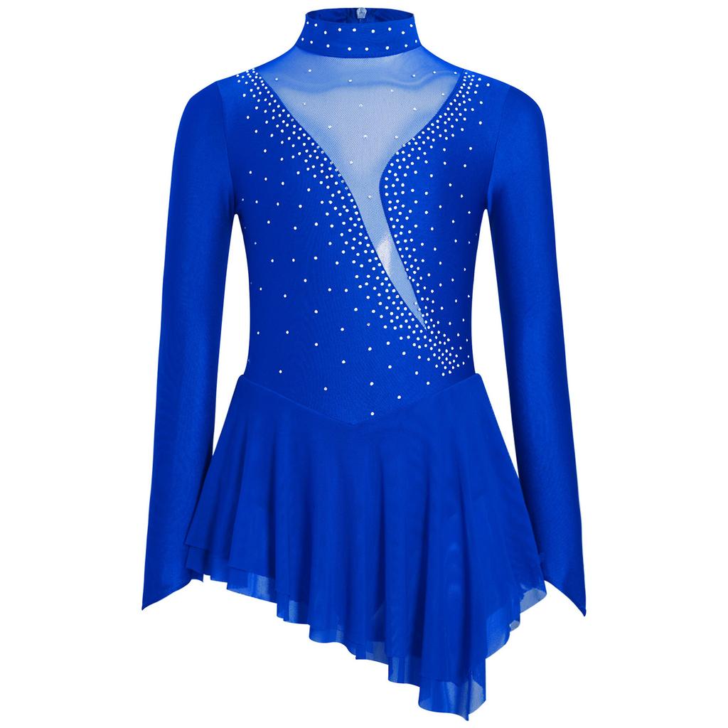 Girls Figure Skating Dress Sheer Mesh Patchwork Glittery Rhinestones Long Sleeve