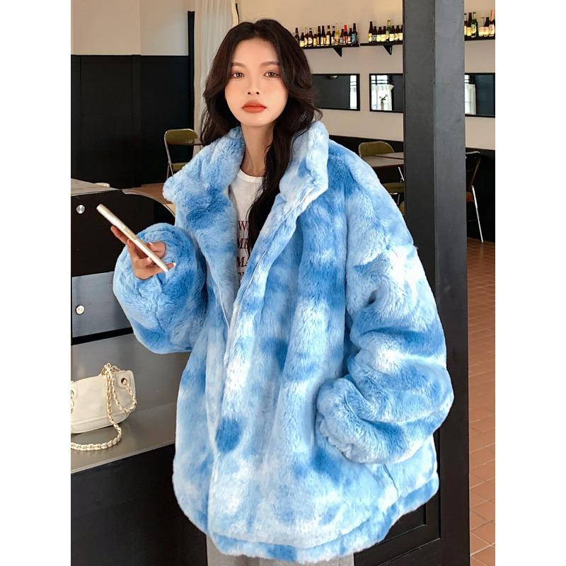 Winter Tie-dye Fur Rabbit Fur Jacket Medium and Long Large Size Lapel Women's Clothing Zipper Printing Plush Clothes Thick