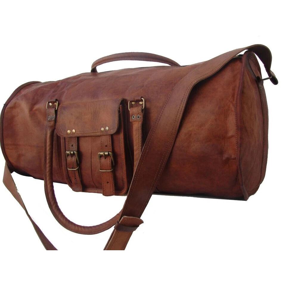 Men's Brown Vintage Genuine Goat Leather Travel Luggage Duffle Gym Bags