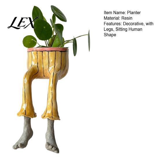 Drainage System Flower Pot Cute Leggy Planter, Sitting Human Resin Planter with Legs, Shelf Sitter Miniature Plant for Succulents Cacti Indoor Plants,