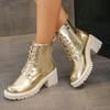 British Silver Gold Ankle Boots Women Chunky Heels Round Toe Lace-up Women Boots Spring Autumn Vintage Platform High Heels Shoes