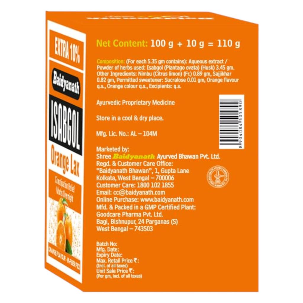 Baidyanath Isabgol Orange Lax Effervescent Husk Powder 110 G Pack of 3 for Gentle Digestive Support