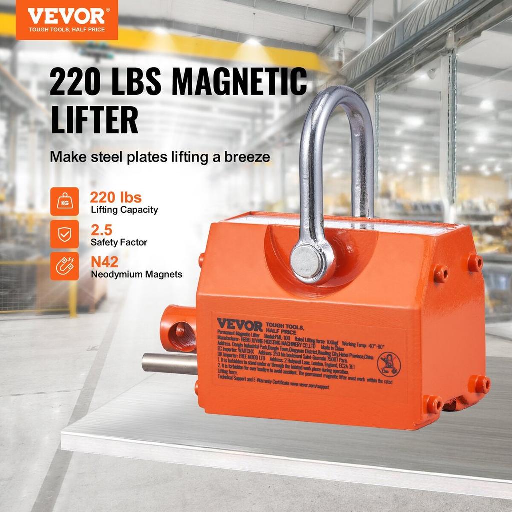 Magnetic Lifter, 220 lbs/100 kg Pulling Capacity, 2.5 Safety Factor, Neodymium & Steel, Lifting Magnet with Release, Permanent Lift Magnets, Heavy