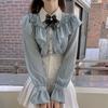 Ladies Top Vintage Ruffles Bow Tie Chiffon Ruffles Tops Basic Elegant Work Single Breasted Blue Shirt Women Clothes