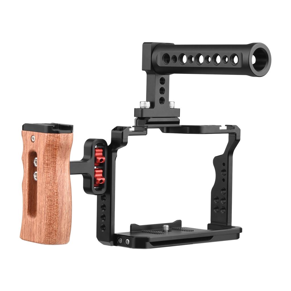 Andoer Camera Video Cage + Top Handle + Side Wooden Grip Kit Aluminum Alloy with Dual Cold Shoe