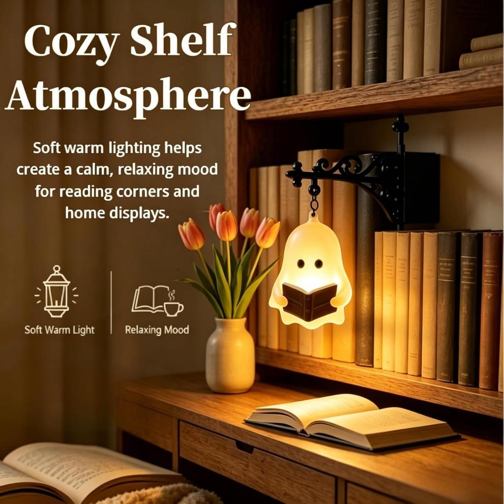 Book Pavilion Gloomy Night Light Retro Reading Ghost Decorated Bookshelf Light Cute Little Ghost LED Bedside Light Cozy Room and Halloween Ornamen