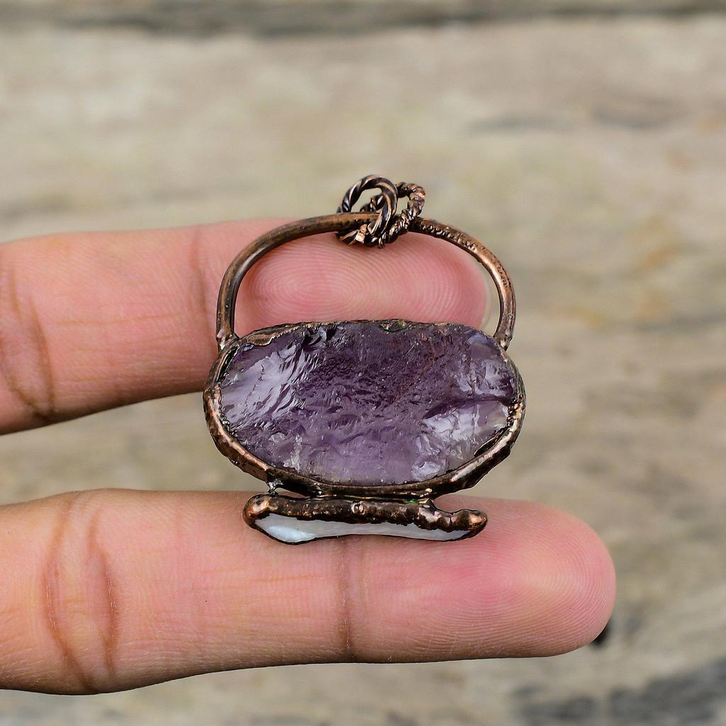 African Amethyst Rough Pendant Electroformed Copper Pendant Handmade Jewelry Biwa Pearl Gemstone Pendant Electroformed Jewelry Gift For Wife
