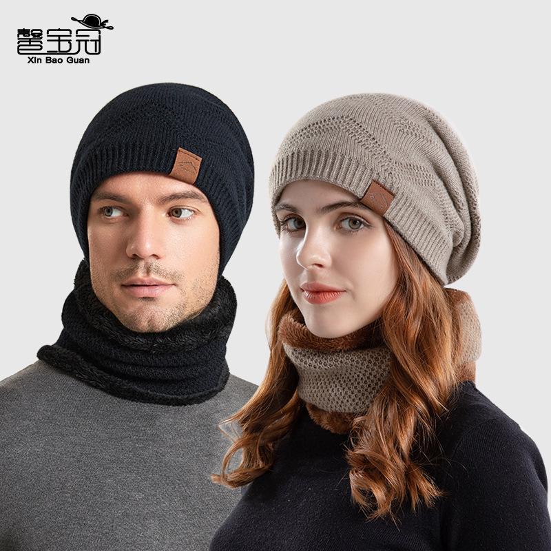 Cross-border Men's and Women's Same Hat Scarf Suit Korean Version Plus Velvet Pullover Cap Outdoor Warm Knitted Wool Cap