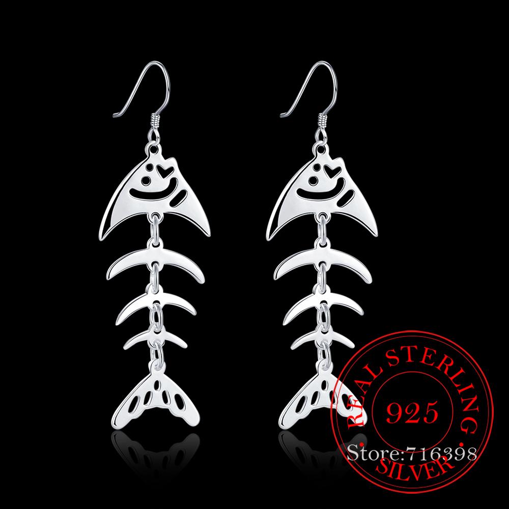 Trend 925 Sterling Silver Earrings for Women Fashion Fish Skeleton Long Drop Earring Hanging Jewelry Brincos Feminino