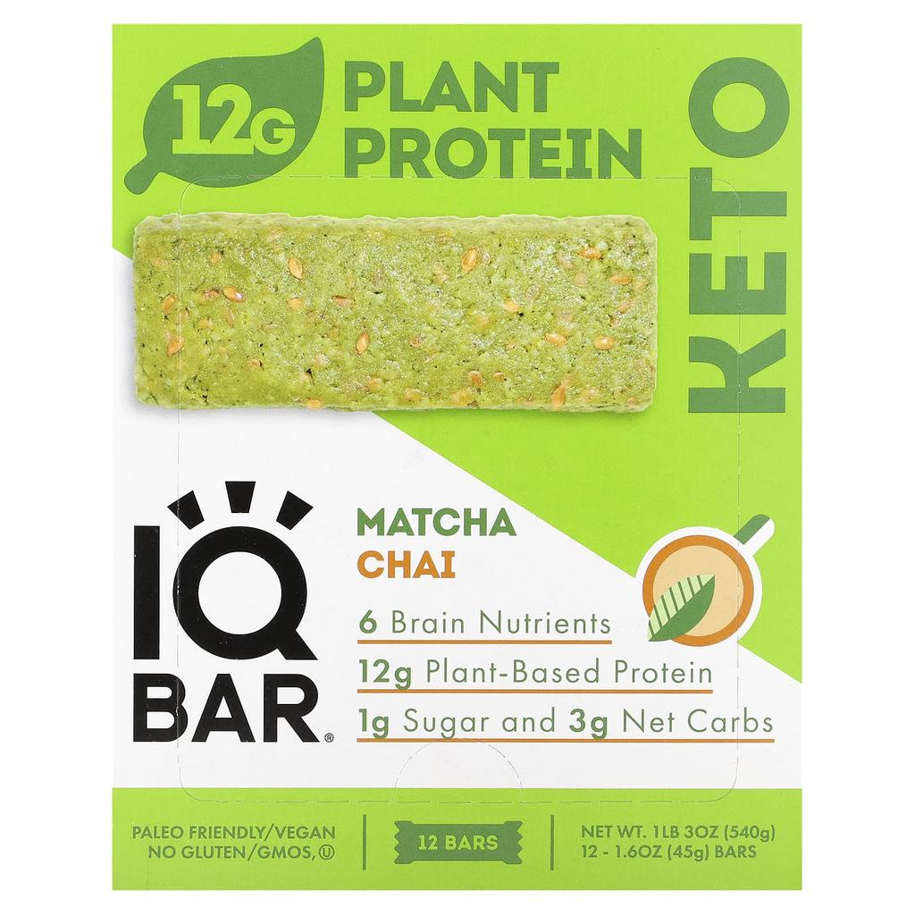 IQBAR Plant Protein Bar, Matcha Chai, 12 Bars, 45 G (1.6 Oz) Each