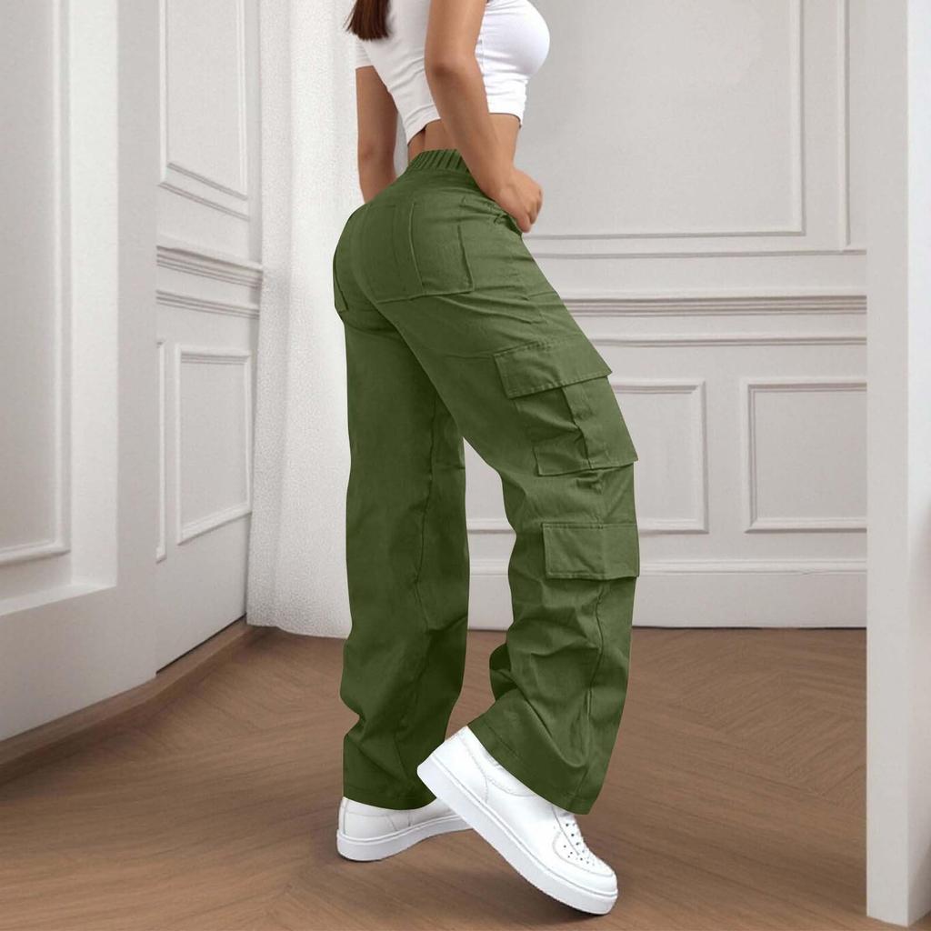 Womens Elastic High Waisted Cargo Pants Stretch Casual Wide Leg Streetwear Parachute Hiking Pants With Pockets