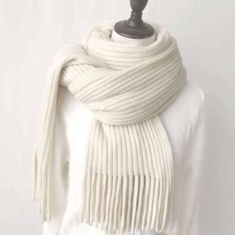 Winter Long Scarf Women's Simple Fringed Shawl with Imitation Cashmere Windproof Warm Solid Color Scarf