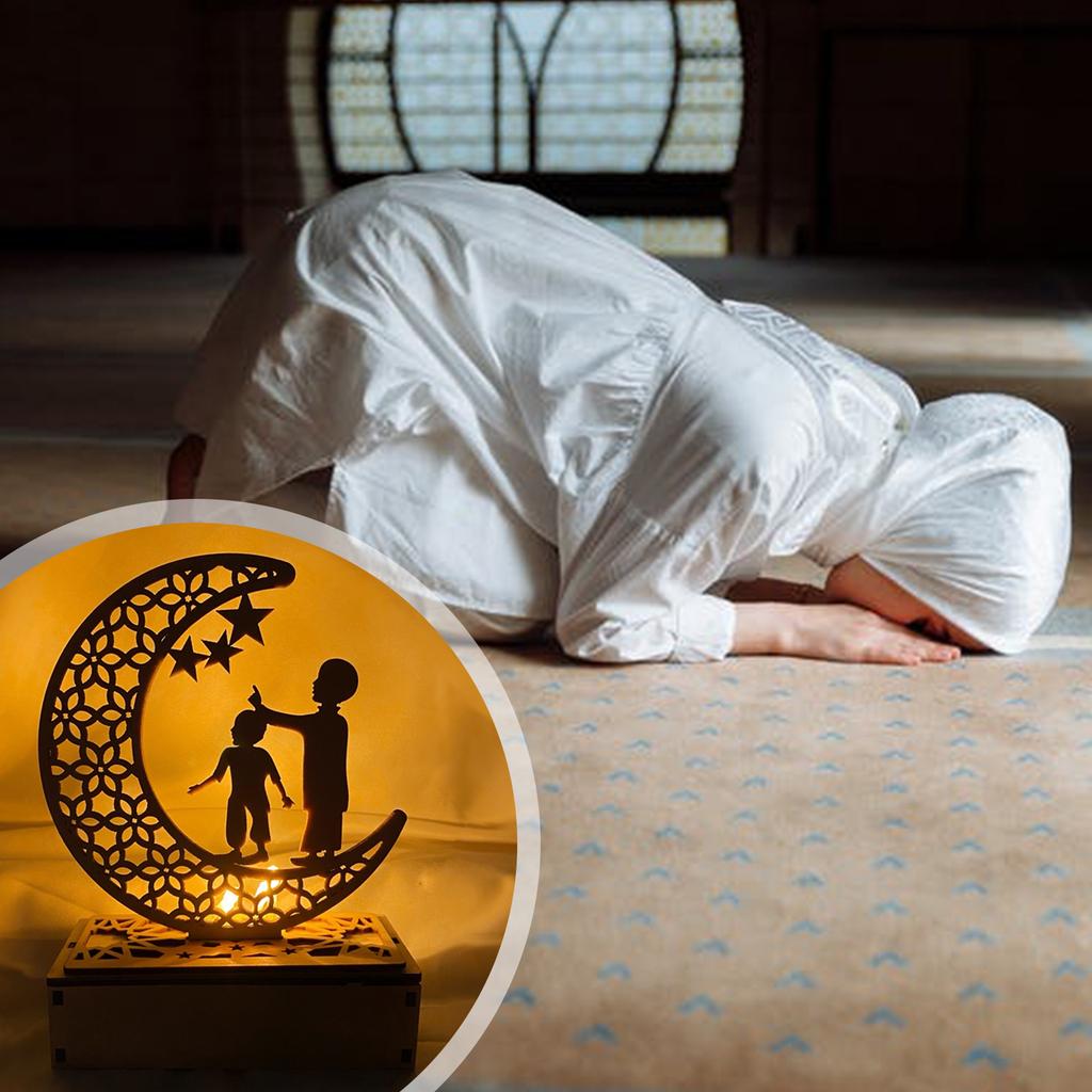 Eid Ramadan Night Lights Wooden Moon Light Ramadan Eid Mubarak Desk Lamp Crescent Party LED Fairy