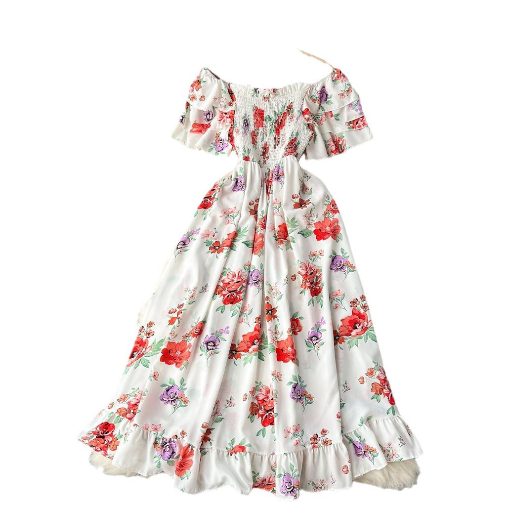 Женские летние каникулы с одним вырезом без бретелек с коротким рукавом и длинными цветочными платьями на талии