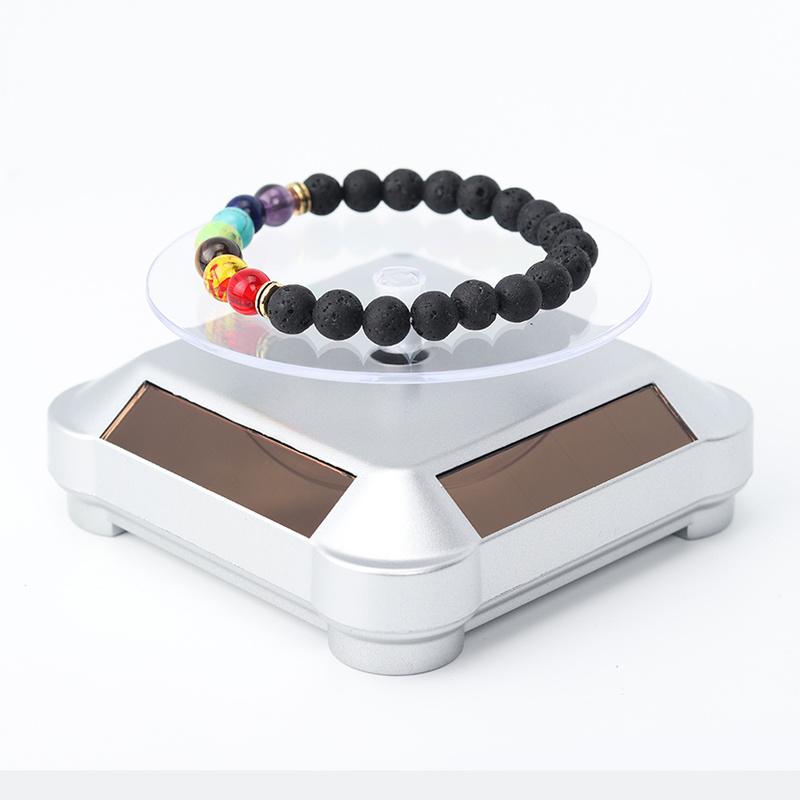 360 Degree Watch Stand Display Turntable Rotating Watch Jewelry Solar Display Stand Multicolor 3 LED Color Change Display Case