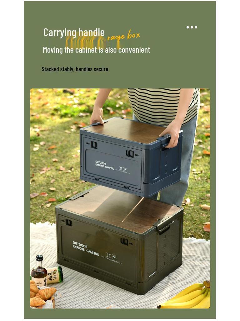 Portable Wheeled Camping Storage Box with Wooden Lid and Side-Opening Access