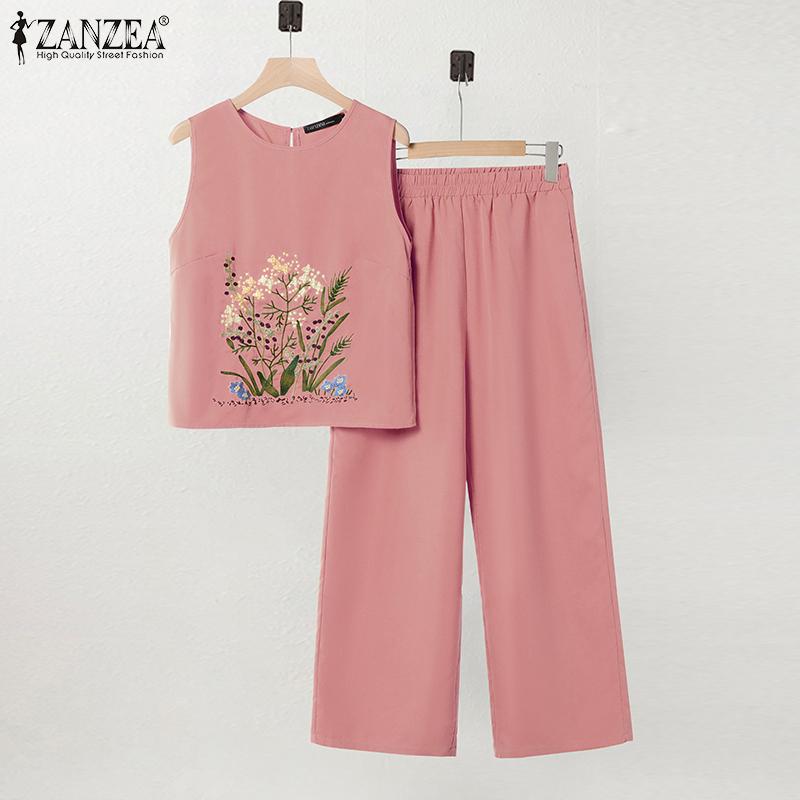 ZANZEA Womens Print Tank Tops and Pants Casual Two Piece Suit Sets