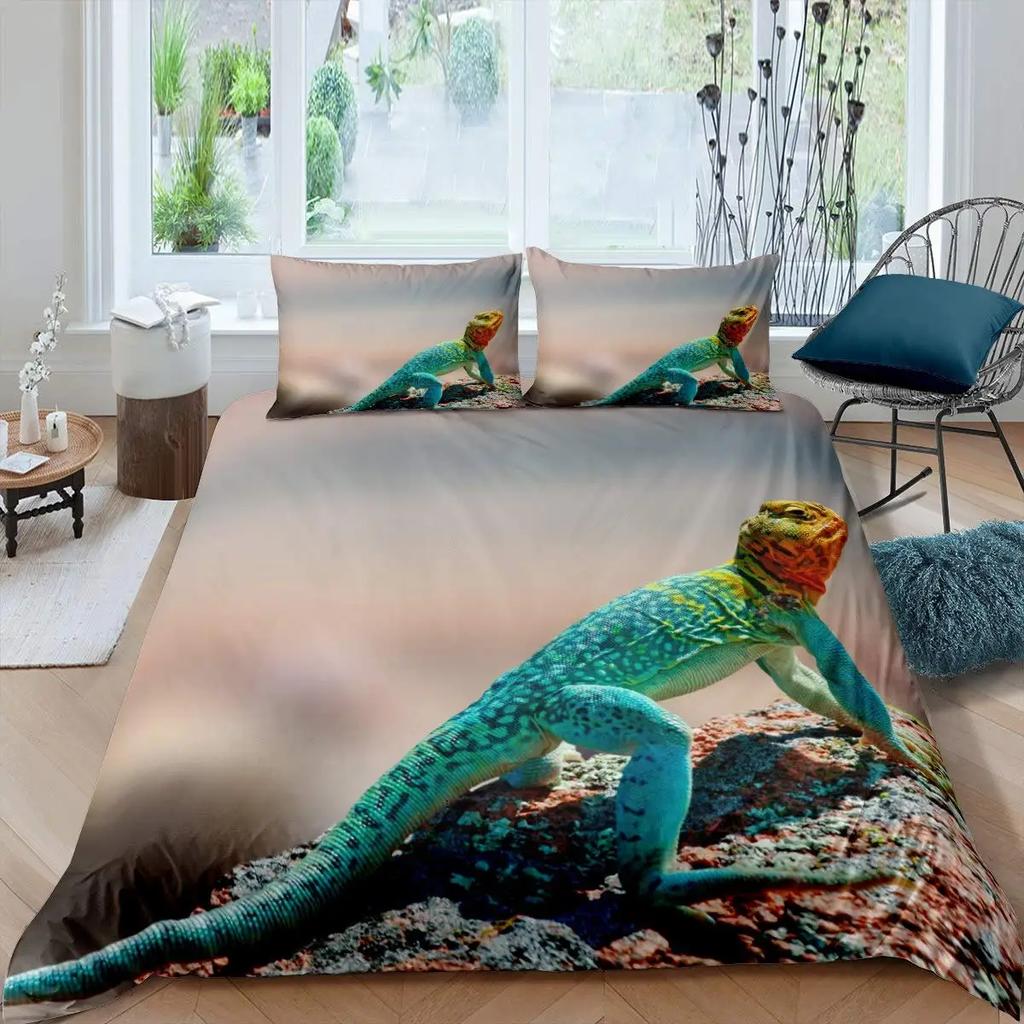 Chameleon Duvet Cover Set 3D Wild Animal Theme Twin Bedding Set Wildlife Comforter Cover Boys Green Leaf Polyester Quilt Cover