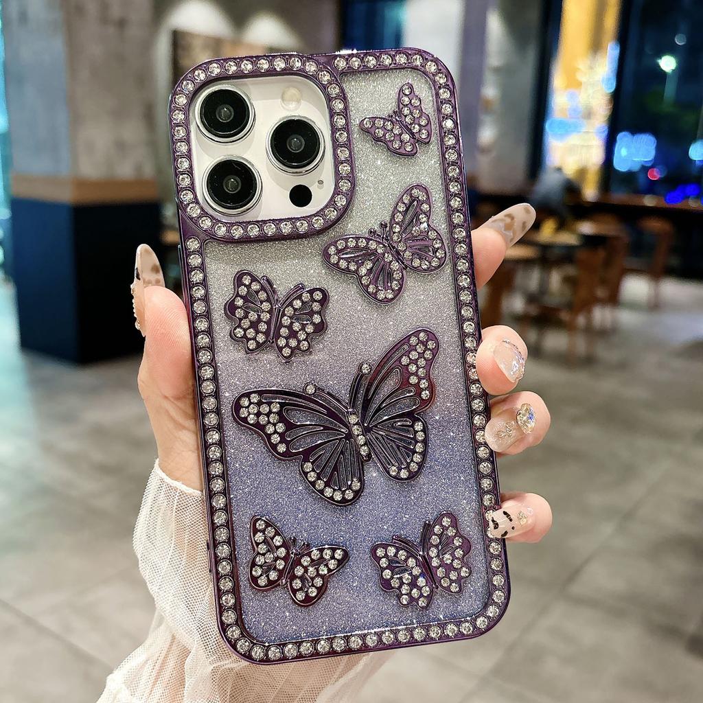 For iPhone 16 Pro Max Case Rhinestone Butterfly Decor TPU Phone Back Cover