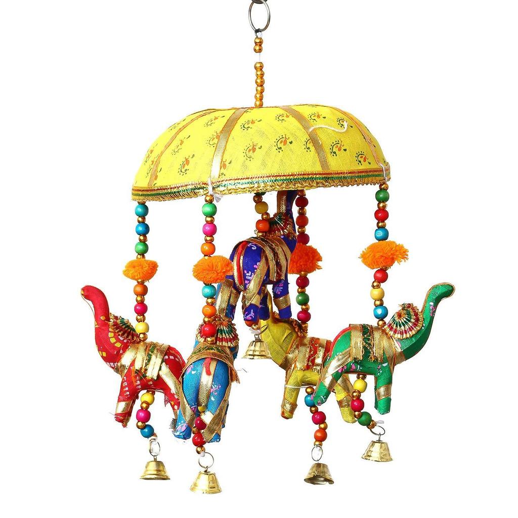 Multicolor Handcrafted Decorative Five Elephant Wall/Door/Window Hanging Bells Wind Chimes Showpiece for Home Decor, Wall Decor, Pooja Room Temple