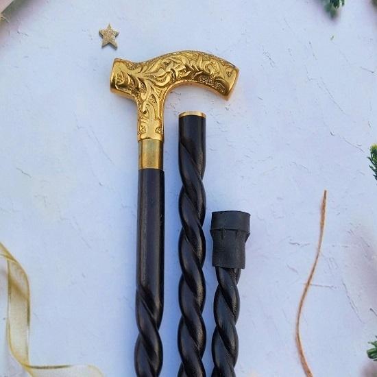 Unique Brass Handle Walking Stick, Handmade Wooden Foldable Cane, Golden Handle Walking Cane And Stick