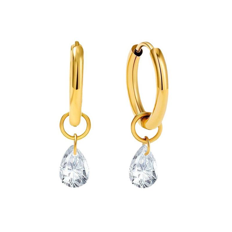 Hip-hop Personality Shiny Teardrop-shaped Zircon Pendant Gold Color Stainless Steel Hoop Earrings for Women Fashion Jewelry Gift