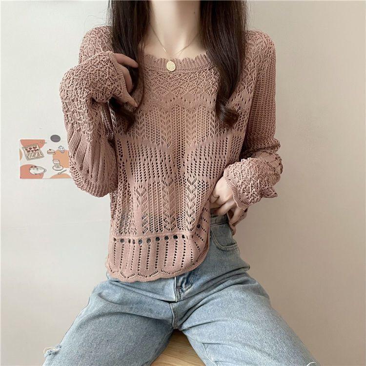 Spring Hollow Sunscreen Knitted Long-sleeved T-shirt Women's Loose Short Versatile Top Solid Color Thin Blouse