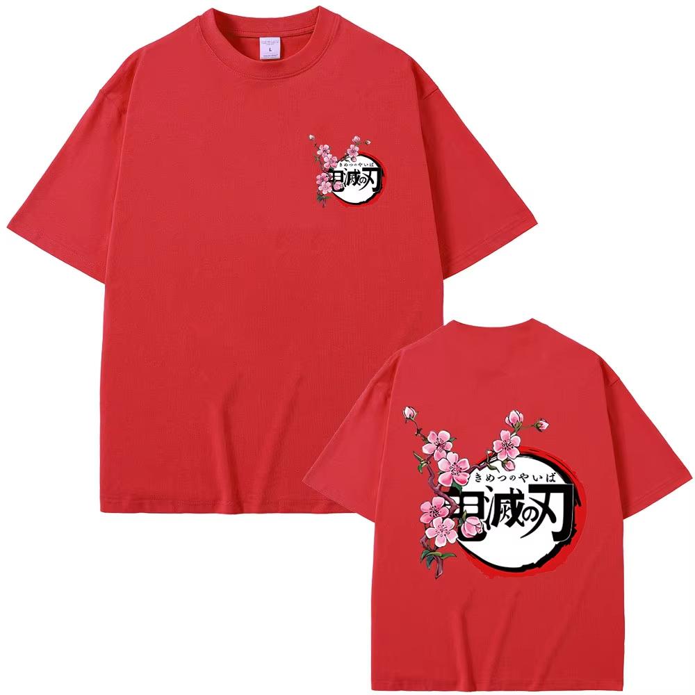 Anime Demon Slayer Cherry Blossom Logo Print T-shirt Male Summer Casual Oversized T Shirt Men Women Fashion Cotton Short Sleeves