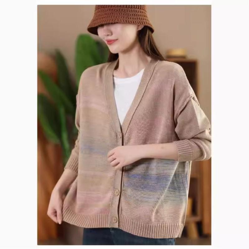 Johnature Женское осеннее модное повседневное трикотажное пальто с цветными блоками и V-образным вырезом в китайском стиле с длинными рукавами в винтажном стиле