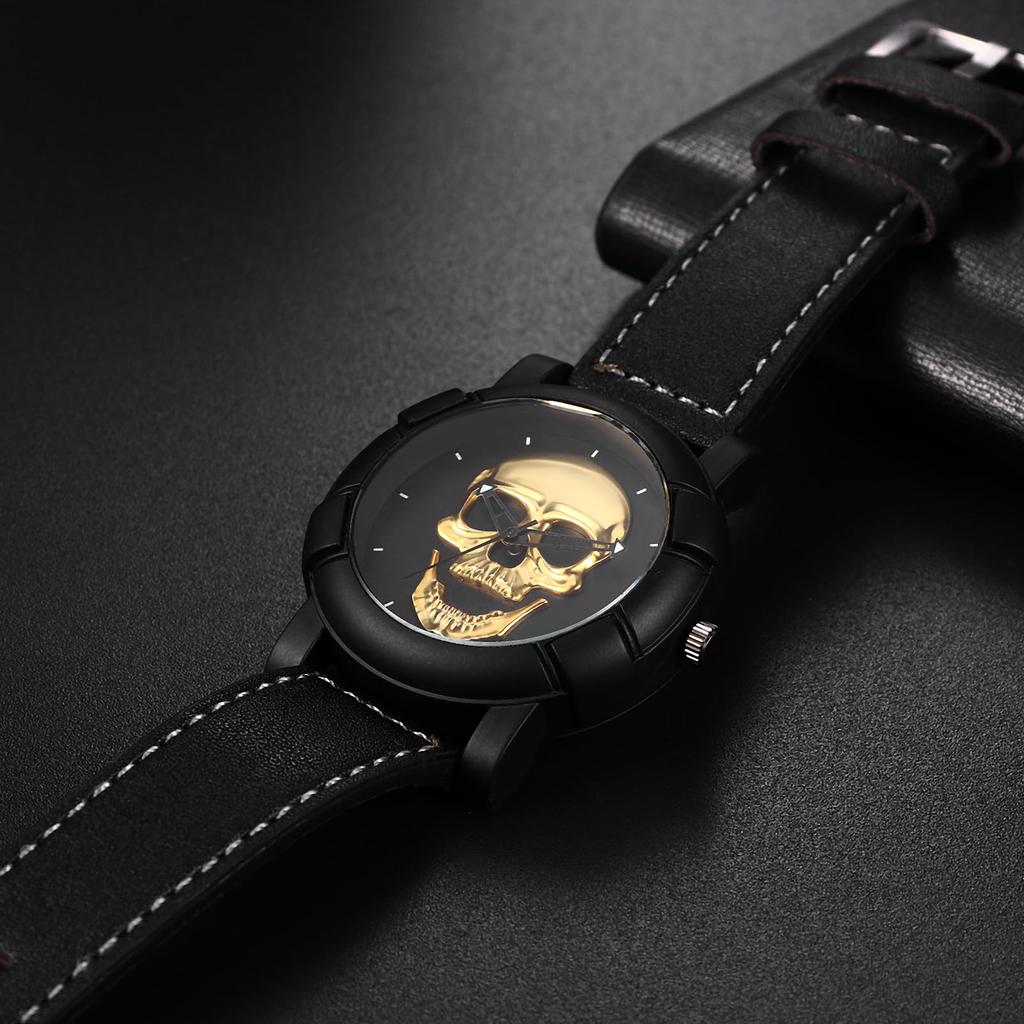Skull Watch Bracelet for Rock Accessory Halloween Gift Men, 2-Piece Set, Punk, Skull, Leather, Strap, Analog, Waterproof, Black, Gothic, -
