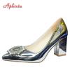 Fashion Aphixta Fashion Bling Champagne 7cm Chunky Heels Pumps Women Shoes Luxury Crystals Sun Buckle Party Wedding Super Big Size 30-50