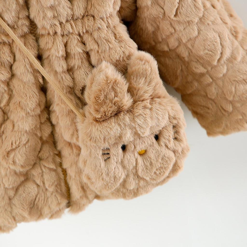 Свитер-пальто с капюшоном для девочек, с вышивкой мультяшного кота, пушистый, стеганый из искусственного меха, для осени/зимы