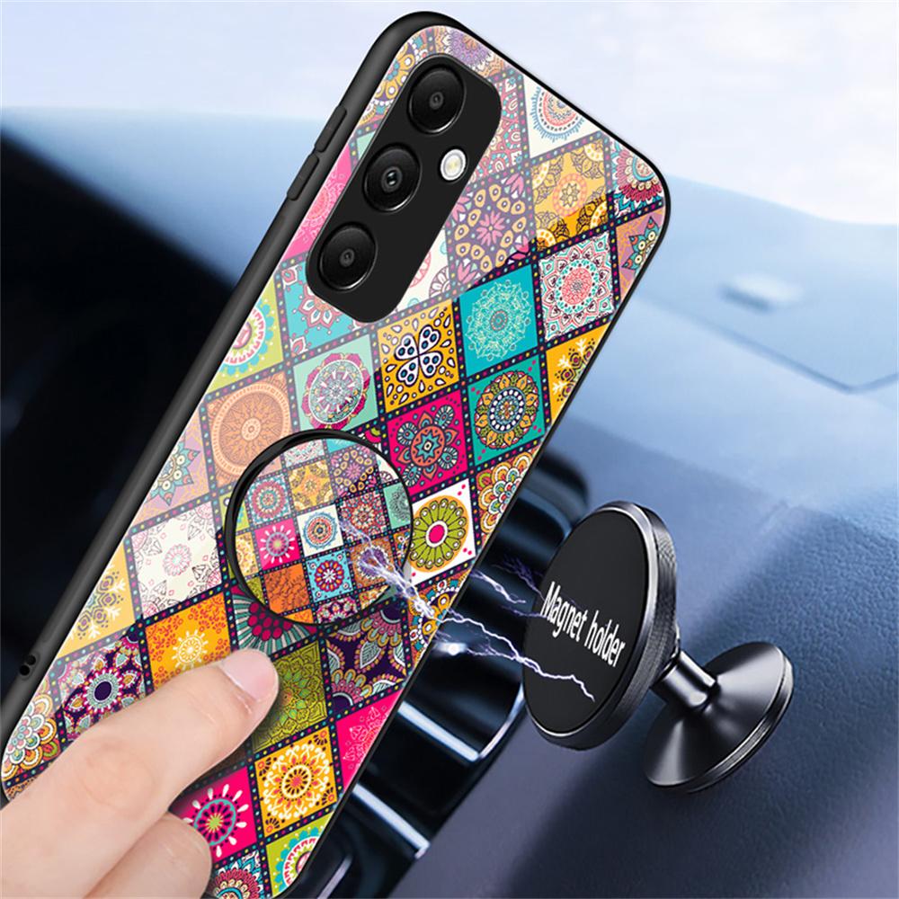 For Samsung Galaxy S25+ Case Kickstand Ethnic Pattern Tempered Glass Phone Cover with Strap
