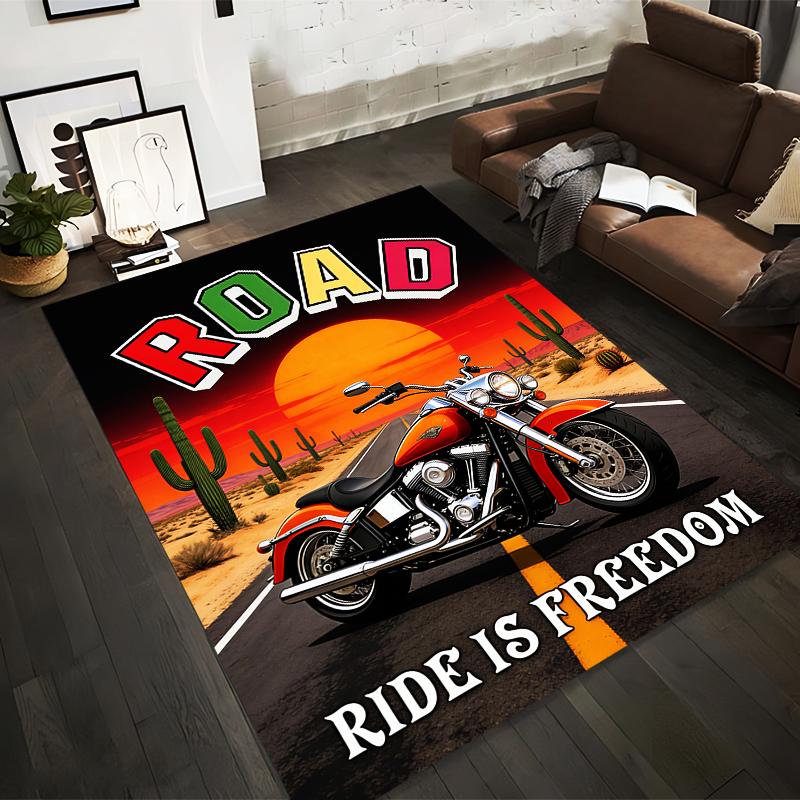 "Road Themed Carpet with Motorcycle Design - Ride is Freedom Print" Suitable for use as an anti-slip for living room bedroom sofas