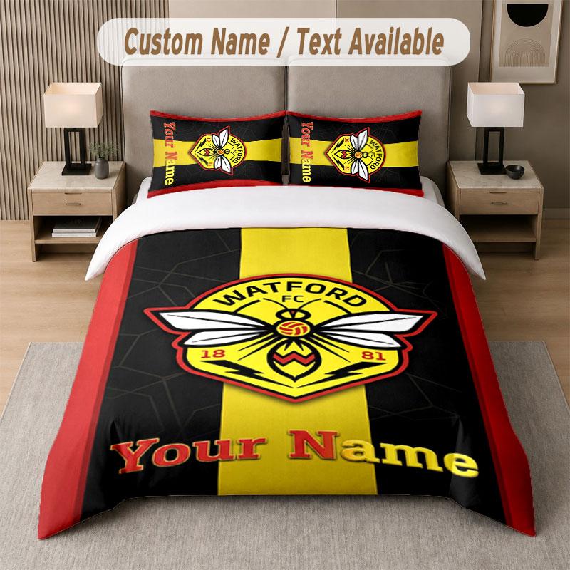 Custom Bedding Set Watford FC Pattern, Print Name Text 1 Duvet Cover plus 2 Pillowcases Home Textile